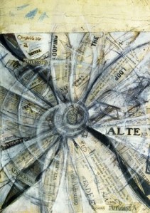 Newspaper collage, gouache andn ink on card